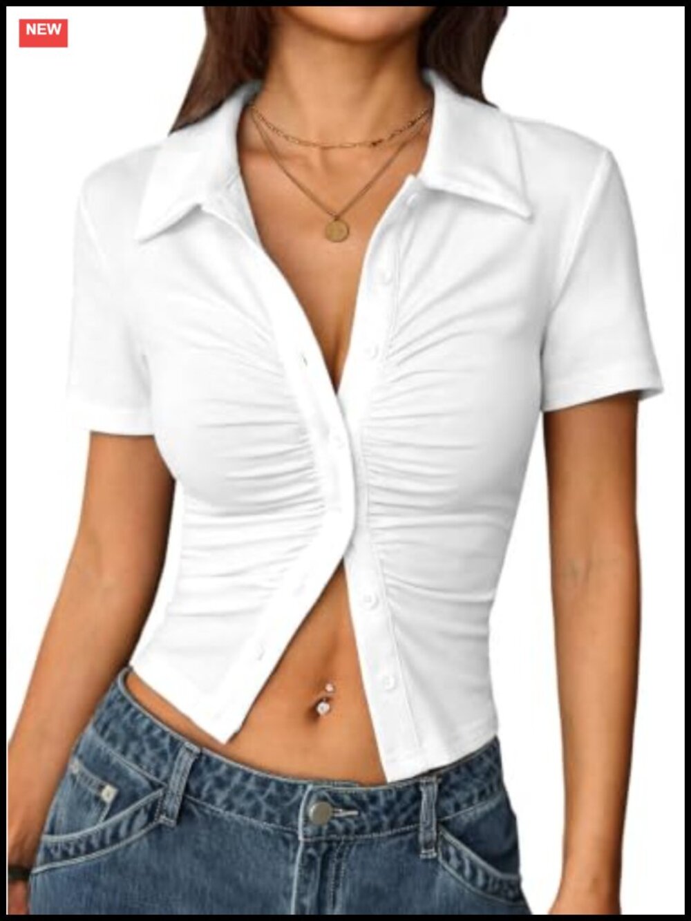 Women's Ruched Button Down Crop Top Short Sleeve V-Neck Blouse